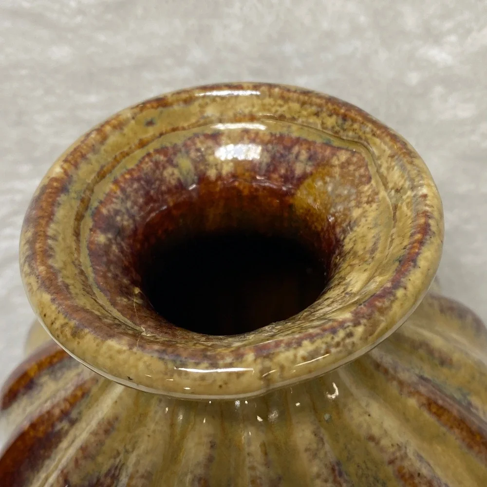 Vintage Fluted Ceramic Vase Earth Tones Striped Glaze Decorative Home Decor‎